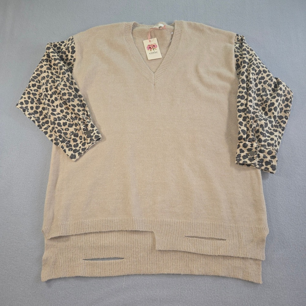Entro Sweater Womens 1X Beige Leopard Mixed Media V-Neck Distressed T16626P